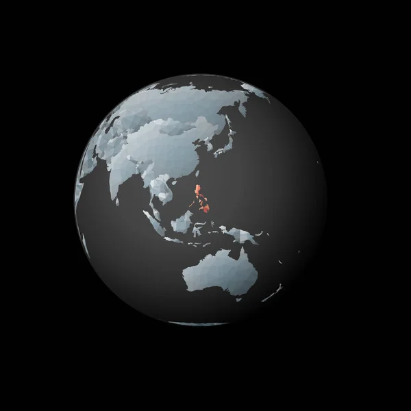 Low poly globe centered to Philippines Red polygonal country on the globe Satellite view of — Stockvector
