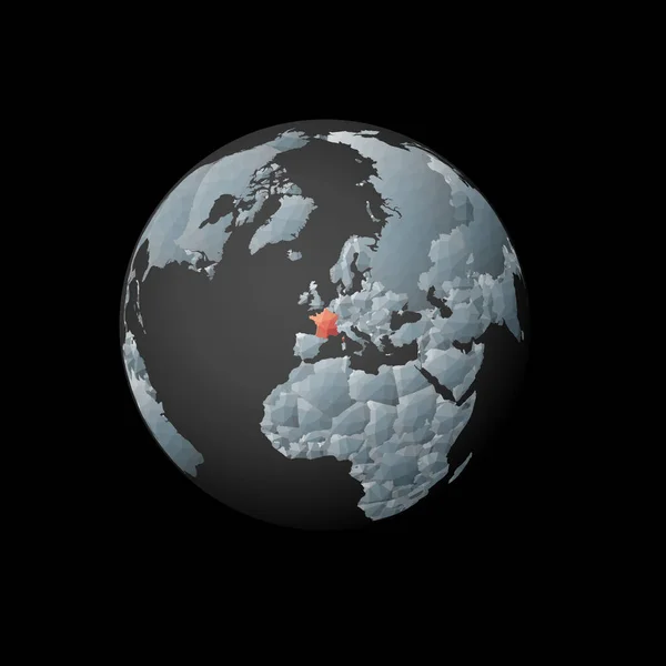 Bas globe poly centré sur la France Pays polygonal rouge sur le globe Vue satellite de la France — Image vectorielle