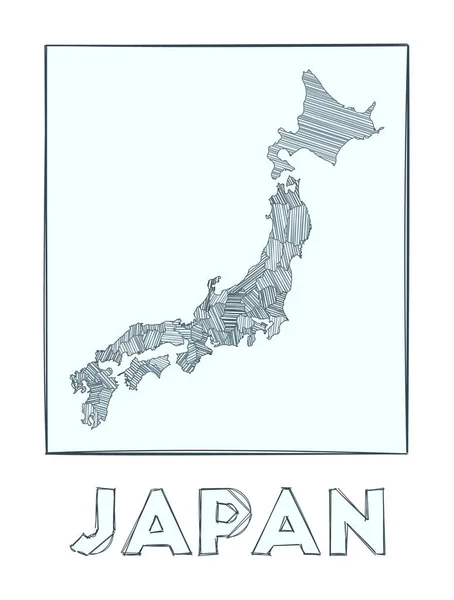 Sketch map of Japan Grayscale mapa dibujado a mano del país Regiones llenas de rayas de hachure — Vector de stock