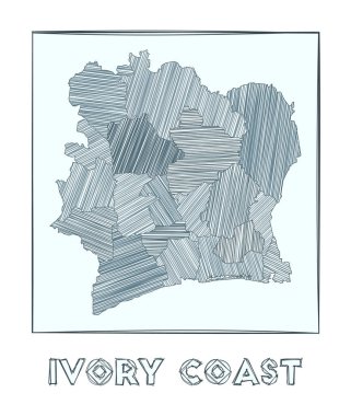 Fildişi Sahili 'nin kroki haritası ülkenin el haritası. Haşhaş dolu bölgeler.
