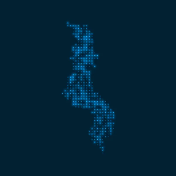 马拉维点缀发光的国家形状图，用蓝色明亮的灯泡表示矢量 — 图库矢量图片