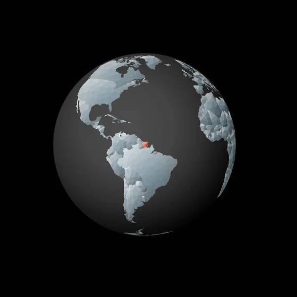 Nízký poly globus se středem Surinam Red polygonální země na světě Satelitní pohled na Surinam — Stockový vektor