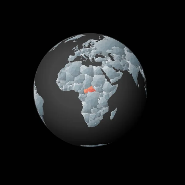 Низкий поли глобус с центром в ЦАР Красный многоугольник страны на земном шаре Спутниковый вид ЦАР — стоковый вектор