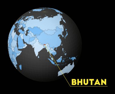 Mavi dünya haritası olan karanlık dünya üzerindeki Butan, uydunun dünya görüşünü vurguladı