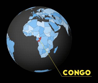 Kongo, mavi dünya haritasıyla karanlık bir dünya üzerinde. Kırmızı ülke uydunun merkezindeki dünya görüşünü vurguluyor.