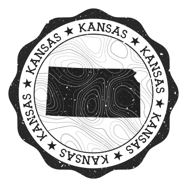 Kansas outdoor stempel Ronde sticker met kaart van ons staat met topografische isolines Vector — Stockvector