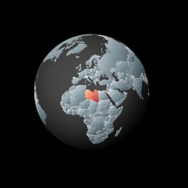 Låg poly glob centrerad till Libyen Röd polygonal land på jordklotet Satellit bild av Libyen — Stock vektor