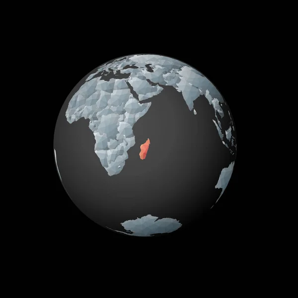 Låg poly glob centrerad till Madagaskar Röd polygonal land på jordklotet Satellit syn på — Stock vektor