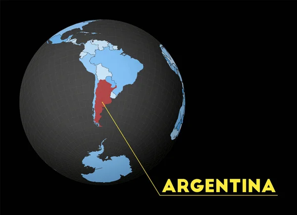 Argentina on dark globe with blue world map Red country highlighted Satellite world view centered — Stock vektor