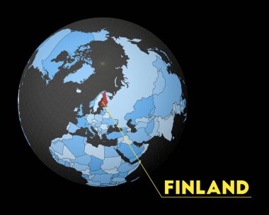 Finlandiya 'da mavi dünya haritası olan karanlık dünya üzerinde Kırmızı ülke uyduların dünya görüşüne odaklanmıştır