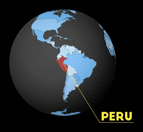 Peru on dark globe with blue world map Red country highlighted Satellite world view centered to — Stok Vektör