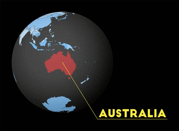 Australia on dark globe with blue world map Red country highlighted Satellite world view centered — Stockvektor
