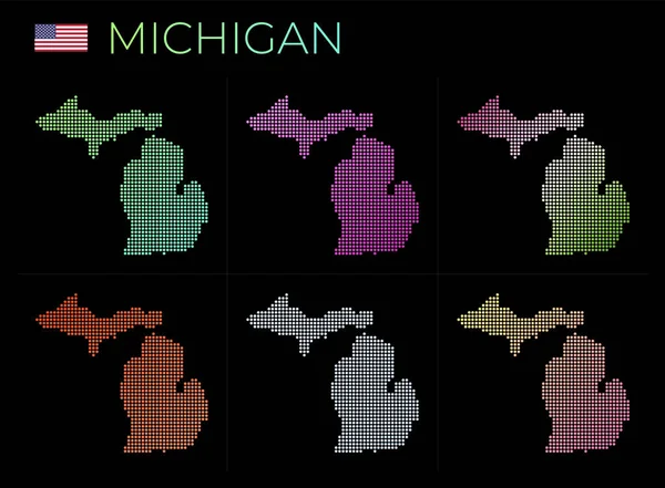 Michigan set mappa punteggiata Mappa del Michigan in stile punteggiato Confini dello stato degli Stati Uniti pieno di — Vettoriale Stock