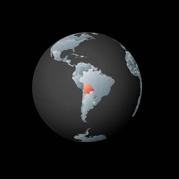 Низкий полигональный земной шар с центром в Боливии Красная многоугольная страна на земном шаре Спутниковый вид Боливии — стоковый вектор