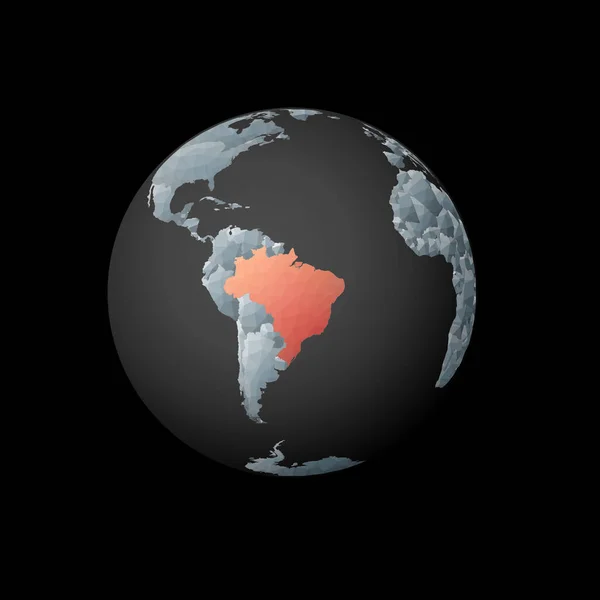 Globo poli baixo centrado no Brasil País poligonal vermelho no globo Vista por satélite do Brasil —  Vetores de Stock
