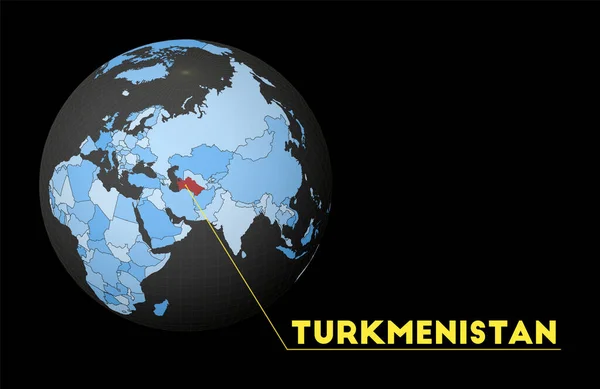 Türkmenistan 'da mavi dünya haritasıyla karanlık dünya üzerinde Kırmızı ülke uydunun dünya görüşünü ön plana çıkardı — Stok Vektör