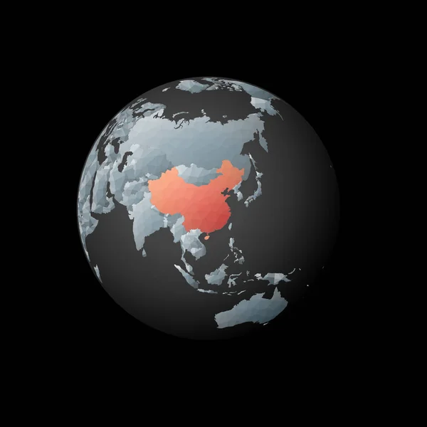 Низкий поли глобус с центром в Китае Красная многоугольная страна на планете Спутниковый взгляд Китая — стоковый вектор