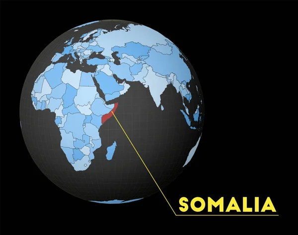 Somalië op donkere wereldbol met blauwe wereldkaart Rode land gemarkeerd Satelliet wereldbeeld gecentreerd om — Stockvector