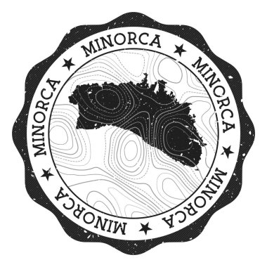 Minorca açık hava damgası. Üzerinde ada haritası ve topografik izolin vektörü olan yuvarlak etiket.