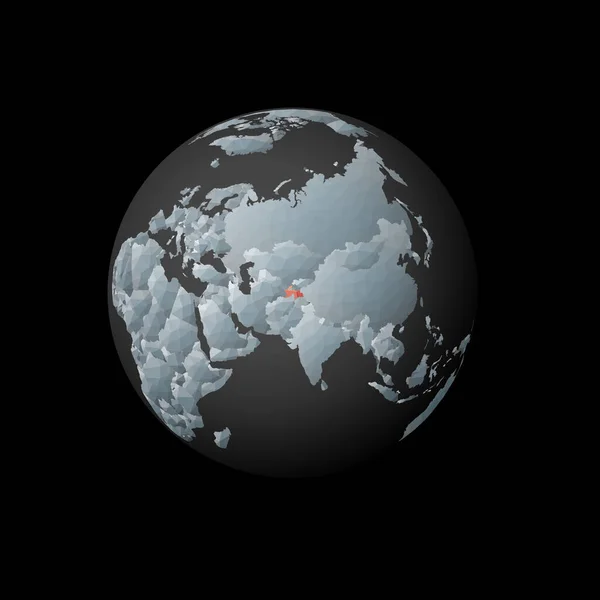 Низкий полигональный земной шар с центром в Таджикистане Красная многоугольная страна на земном шаре — стоковый вектор