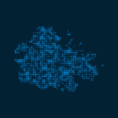 Antigua, adanın mavi parlak ampulleri ve vektör illüstrasyonuyla parlayan parlak bir haritası.