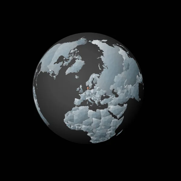 Bas globe poly centré vers le Danemark Pays polygonal rouge sur le globe Vue satellite du Danemark — Image vectorielle