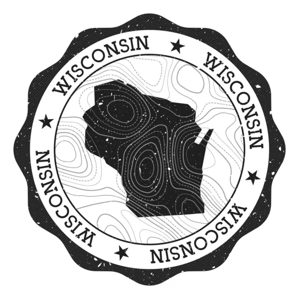 Wisconsin Außenstempel Runde Aufkleber mit Karte von uns Staat mit topographischen Isolinien Vektor — Stockvektor