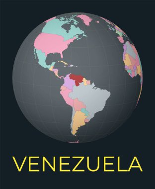 Venezuela 'nın merkezindeki dünya haritası. Kızıl Ülke vurgulandı. Uydu dünya görüşü isimle merkezden ülkeye. Vektör.