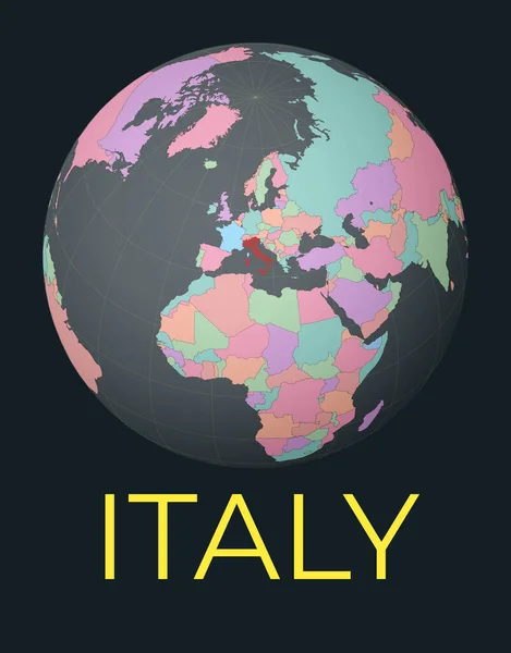Mappa Del Mondo Centrata Sull Italia Paese Rosso Evidenziato Vista — Vettoriale Stock