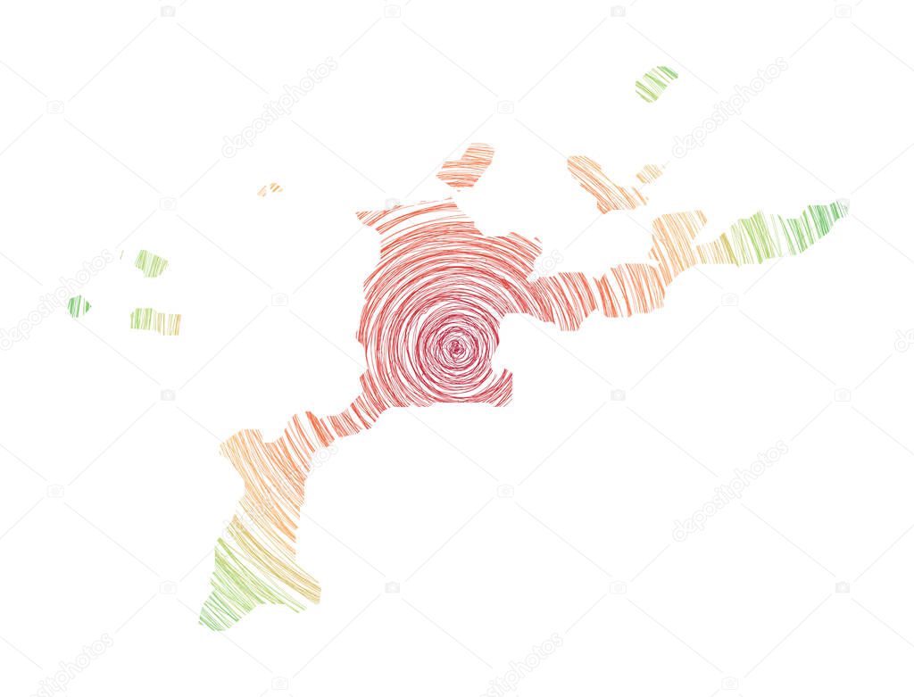 Virgin Gorda map filled with concentric circles. Sketch style circles in shape of the island. Vector Illustration.