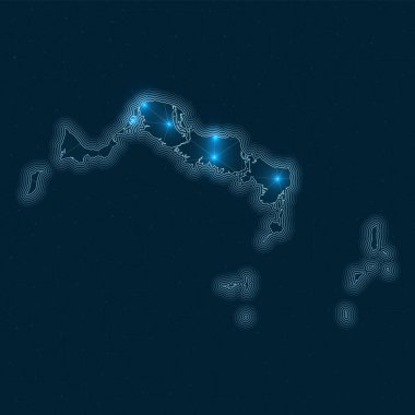 Turks ve Caicos Adaları ağ haritası. Adanın soyut geometrik haritası. Dijital bağlantılar ve telekomünikasyon tasarımı. Parlak internet ağı. Güçlü vektör illüstrasyonu.