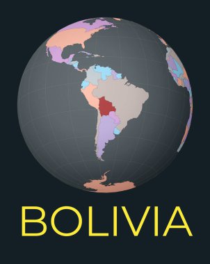 Bolivya 'ya odaklı dünya haritası. Kızıl Ülke vurgulandı. Uydu dünya görüşü isimle merkezden ülkeye. Vektör İllüstrasyonu.