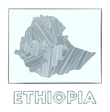 Etiyopya 'nın çizim haritası. Gri tonlu el çizimi ülke haritası. Haşhaş çizgileriyle dolu bölgeler. Vektör illüstrasyonu.