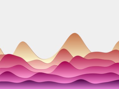 Dağların soyut arkaplanı. Gün batımı koyu renklerinde kıvrımlı katmanlar. Kağıt kesim tarzı tepeler. Çekici vektör illüstrasyonu.