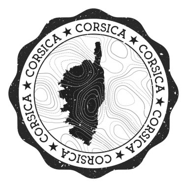 Corsica outdoor stamp. Round sticker with map of island with topographic isolines. Vector illustration. Can be used as insignia, logotype, label, sticker or badge of the Corsica.