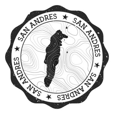 San Andres açık hava pulu. Üzerinde ada haritası ve topografik izolinler olan yuvarlak çıkartma. Vektör çizimi. San Andres 'in amblemi, amblemi, etiketi, çıkartması ya da rozeti olarak kullanılabilir..