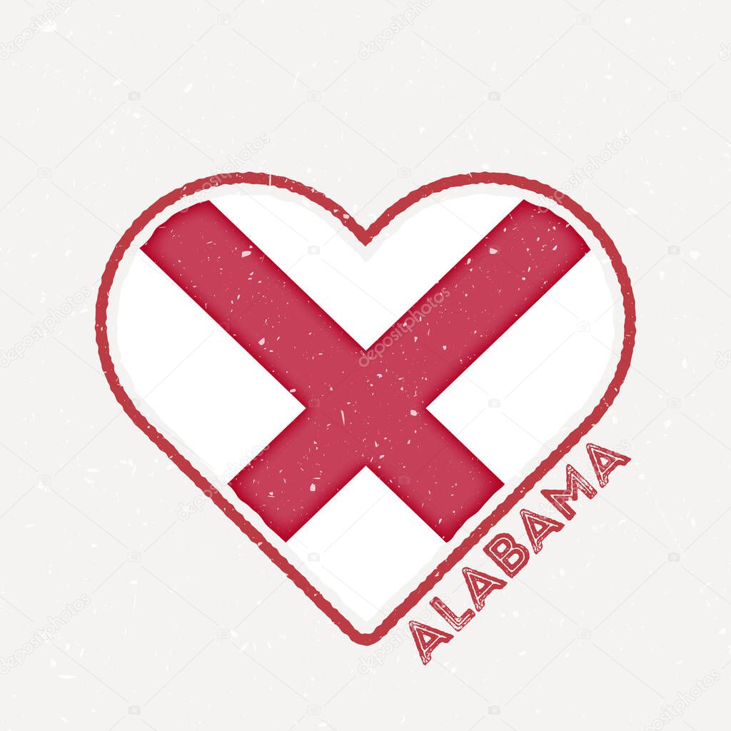 Alabama heart flag badge. Alabama logo with grunge texture. Flag of the us state heart shape. Vector illustration.