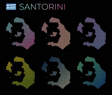 Santorini noktalı harita seti. Noktalı Santorini haritası. Adanın sınırları güzel düz eğimli dairelerle dolu. Etkileyici vektör illüstrasyonu.