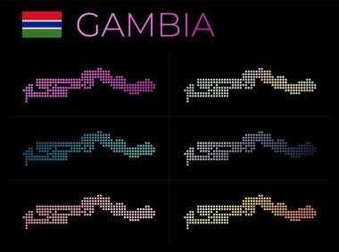 Gambiya noktalı harita seti. Noktalı Gambiya haritası. Ülkenin sınırları güzel düz eğimli çemberlerle doludur. Cool vektör illüstrasyonu.