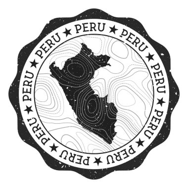 Peru açık hava pulu. Üzerinde topografik izolinler olan ülke haritası olan yuvarlak çıkartma. Vektör çizimi. Peru 'nun amblemi, amblemi, etiketi, çıkartması veya rozeti olarak kullanılabilir..