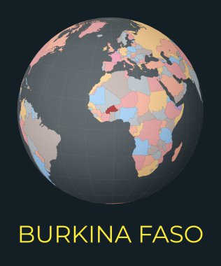Burkina Faso 'nun dünya haritası. Kızıl Ülke vurgulandı. Uydu dünya görüşü isimle merkezden ülkeye. Vektör İllüstrasyonu.