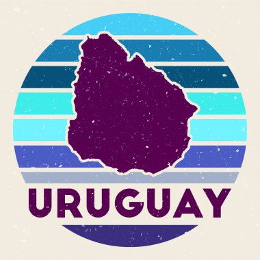 Uruguay logosu. Ülke haritası, renkli çizgiler ve vektör illüstrasyonuyla imzalayın. Uruguay 'ın amblemi, amblemi, etiketi, çıkartması veya rozeti olarak kullanılabilir..