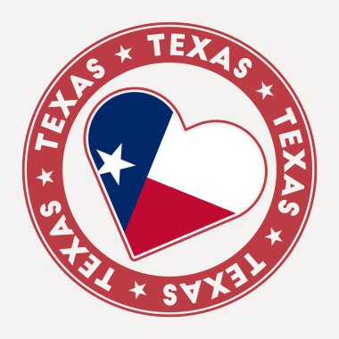 Teksas Kalp Bayrağı rozeti. Teksas 'tan aşk logolu. ABD bayrak damgasını destekleyin. Vektör illüstrasyonu.