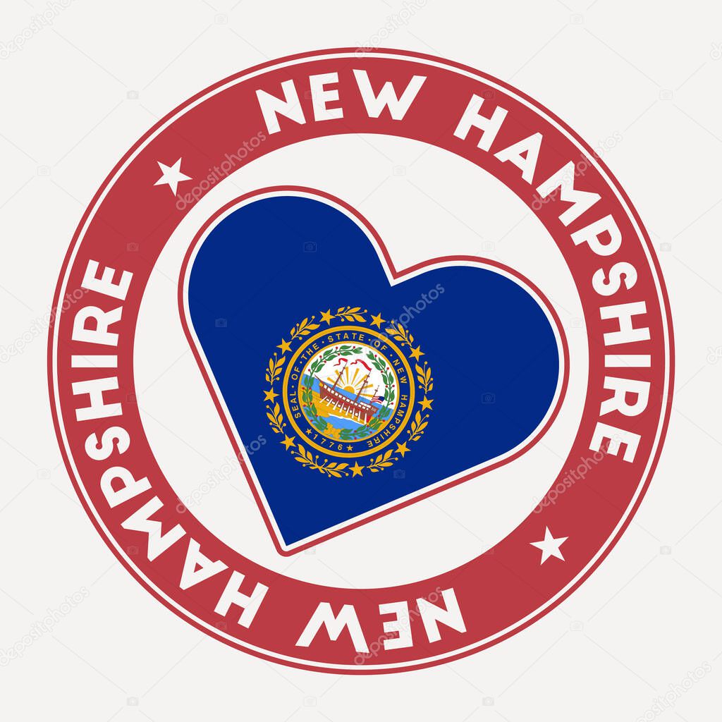 New Hampshire heart flag badge. From New Hampshire with love logo. Support the us state flag stamp. Vector illustration.