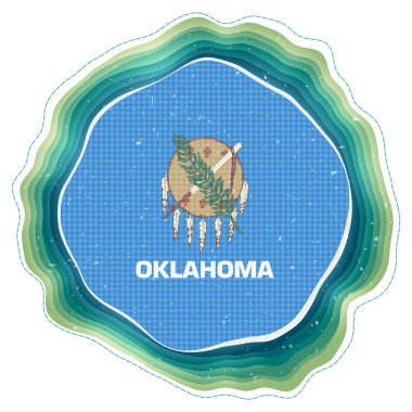 Oklahoma bayrağı çerçevede. Amerikan devletinin rozeti. Oklahoma bayrağının etrafına katmanlı dairesel tabela. Müthiş vektör illüstrasyonu.