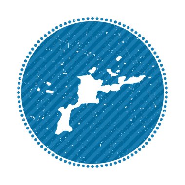 Bakire Gorda çizgili retro seyahat etiketi. Adanın haritalı rozeti, vektör çizimi. Bakire Gorda 'nın amblemi, amblemi, etiketi, çıkartması veya rozeti olarak kullanılabilir..