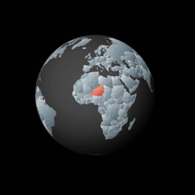 Low poly globe centered to Niger. Red polygonal country on the globe. Satellite view of Niger. Artistic vector illustration.