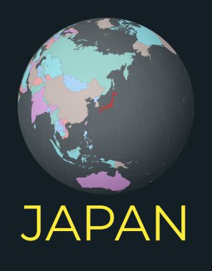 Japonya 'ya odaklı dünya haritası. Kızıl Ülke vurgulandı. Uydu dünya görüşü isimle merkezden ülkeye. Vektör İllüstrasyonu.