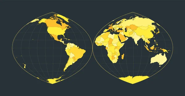 世界地図 二つの半球に分裂した あなたのインフォグラフィックのための未来的な世界図 明るい黄色の国の色 エレガントなベクターイラスト — ストックベクタ