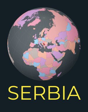 World map centered to Serbia. Red country highlighted. Satellite world view centered to country with name. Vector Illustration.
